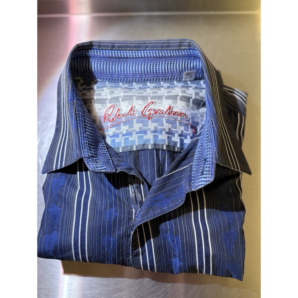 Robert Graham Shirt Mens XL Blue Striped Flip Cuff Preppy Long Sleeve Button Up‎